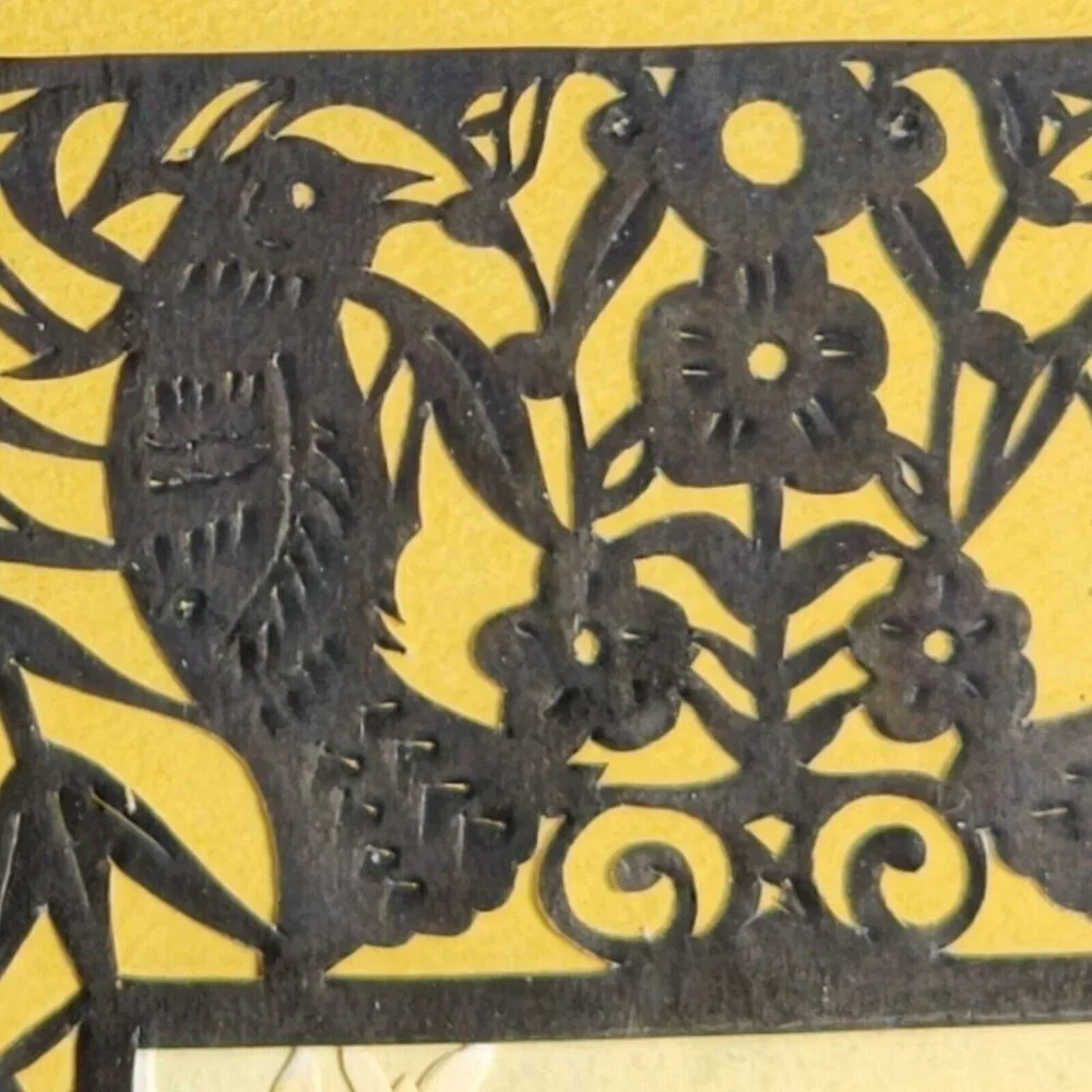 Vintage Framed Chinese Paper Cut Artwork Bridge Lotus Design Ornate Black Frame
